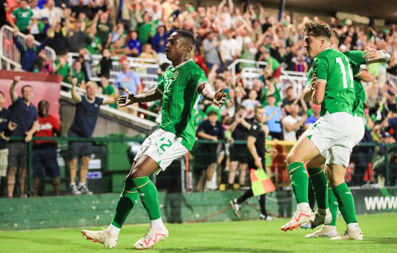 Aidomo Emakhu celebrates scoring the decisive goal in Ireland's 3-2 win over Turkey. Photograph: Evan Treacy/Inpho  