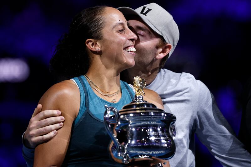 Madison Keys celebrates with her husband and coach Bjorn Fratangelo after her victory over Aryna Sabalenka in the women's singles final at the Australian Open. Photograph: Martin Keep/AFP via Getty Images