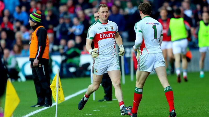 Mayo goalkeeper Robert Hennelly leaves the field after being black carded in last year’s All-Ireland final. David Clarke comes on. Photograph: James Crombie/Inpho