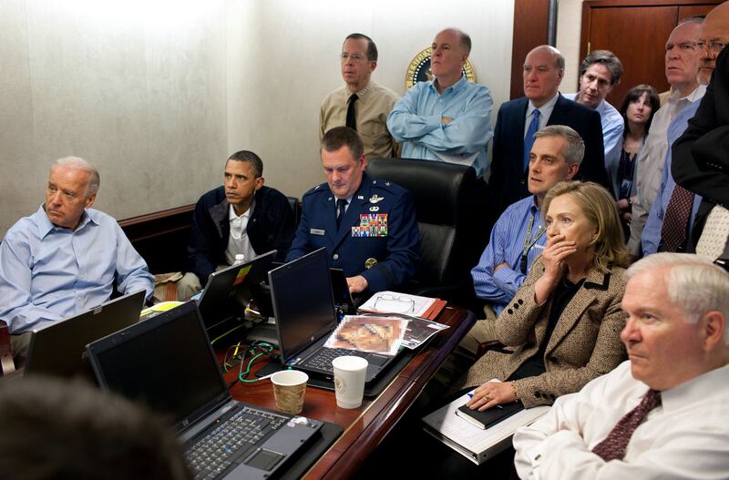 Former US president Barack Obama and Vice President Joe Biden, along with with members of the national security team, receive an update on the mission against Osama bin Laden in the Situation Room of the White House on May 1st, 2011. John Brennan can be seen second from the right, in the top right corner of the photo. Photograph: Pete Souza/White House/Tribune News Service/Getty