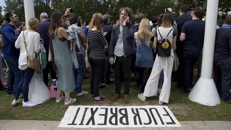 Demonstrators take part in a protest against the pro-Brexit outcome of Thursday’s referendum. Photograph: Justin Tallis/AFP/Getty Images