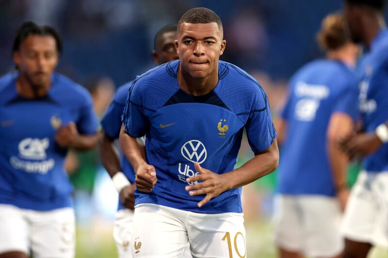 France's Kylian Mbappé during the warm-up. Photograph: Laszlo Geczo/Inpho