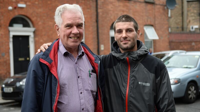 Fr Peter McVerry with Robert O’Brien at Fr McVerry’s Open Access Service. Photograph: Dara Mac Dónaill