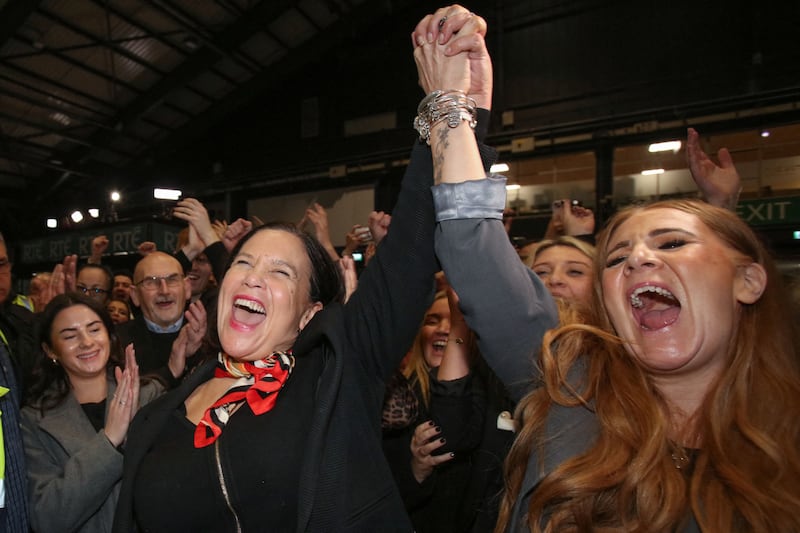 Sinn Féin leader Mary Lou McDonald celebrates with party colleagues after being elected in Dublin Central at the Dublin RDS count centre, in Dublin, on November 30th, 2024. Photograph: Paul Faith/AFP/Getty Images