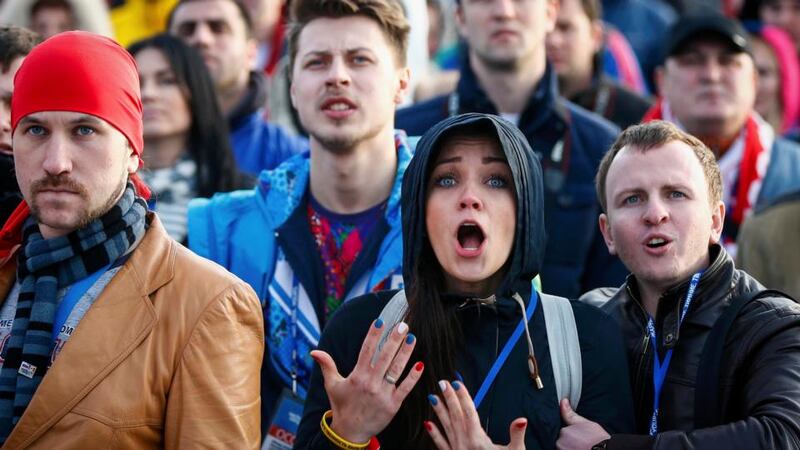 Russian fans  in the Olympic Park watch a broadcast of the  quarter-final against Finland.  Photograph: Shamil Zhumatov/Reuters