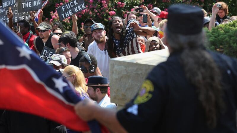 Counter protesters shout at Ku Klux Klan members during a Klan demonstration at the state house building on July 18th, 2015 in Columbia, South Carolina. Photograph: John Moore/Getty Images