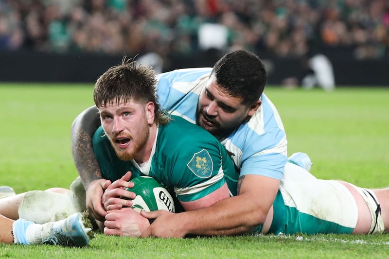 Ireland's lock Joe McCarthy reacts after scoring his team third try. Photograph: Paul Faith/AFP via Getty