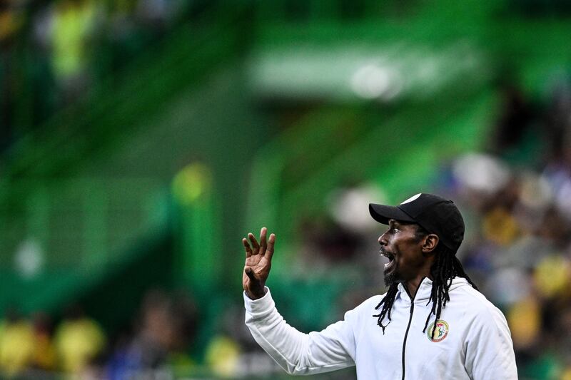 Senegal coach Aliou Cisse gestures during the international friendly football match between Brazil and Senegal at the Jose Alvalade stadium in Lisbon. Photograph: Patricia de Melo Moreira/AFP via Getty Images