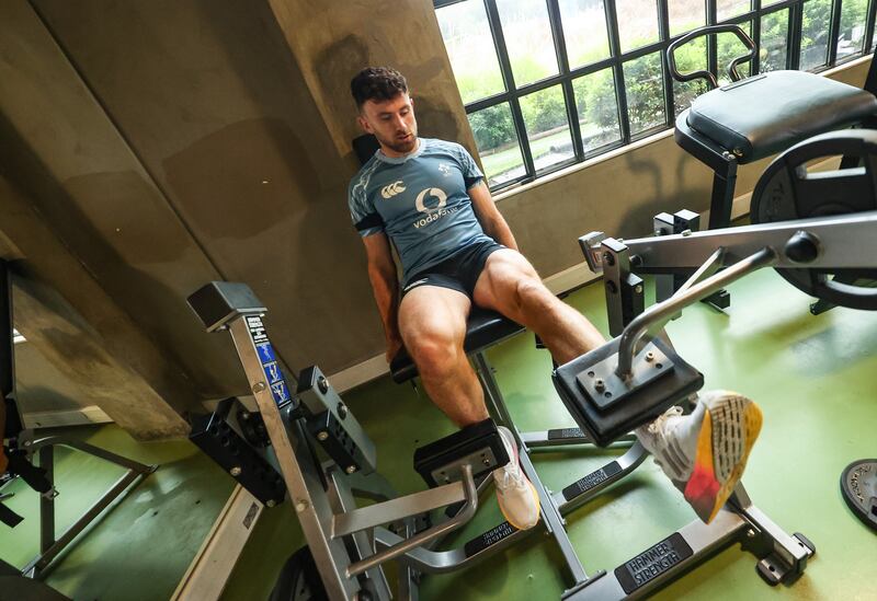 Hugo Keenan in training during Ireland's squad training camp in Faro, Portugal. Photograph: Billy Stickland/Inpho