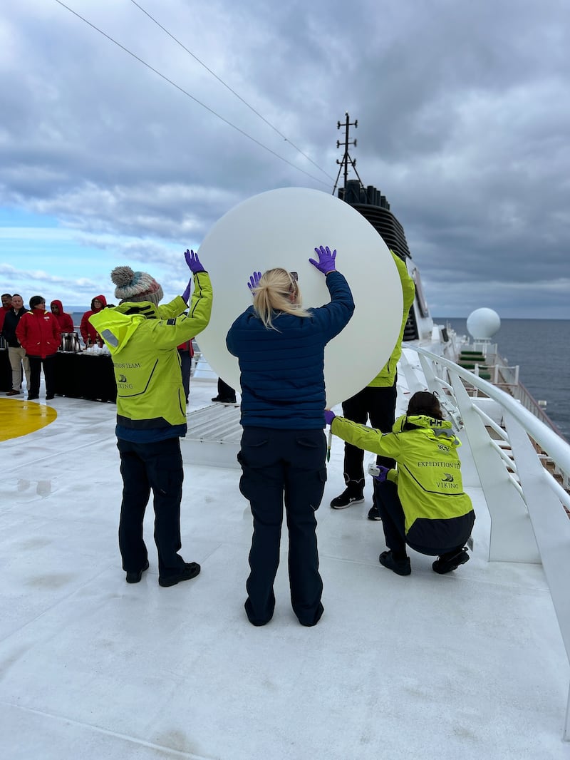 Launch of a weather balloon on the Viking Polaris. Photography: Gemma Tipton