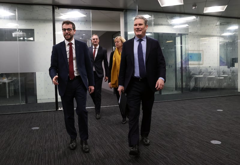 Stuart Anderson (left) of the Northern Ireland Chamber of Commerce and Industry with Labour leader Sir Keir Starmer in Belfast last month. Photograph: Liam McBurney/PA Wire