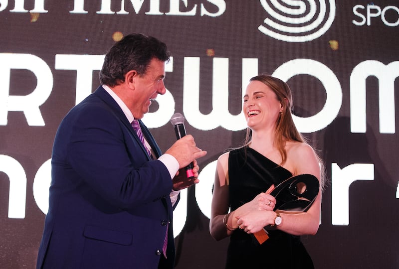 Sportswoman of the Month for June Ciara Mageean pictured with broadcaster Des Cahill. Photograph: Tom Maher/Inpho