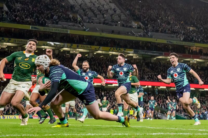 Ireland's Mack Hansen scores a try against South Africa. Photograph: Morgan Treacy/Inpho