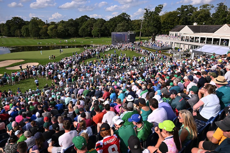 STRAFFAN, IRELAND - SEPTEMBER 09: A general view as Rory McIlroy of Northern Ireland, Adrian Meronk of Poland and Thomas Detry of Belgium play the 18th green during Day Three of the Horizon Irish Open at The K Club on September 09, 2023 in Straffan, Ireland. (Photo by Ross Kinnaird/Getty Images)