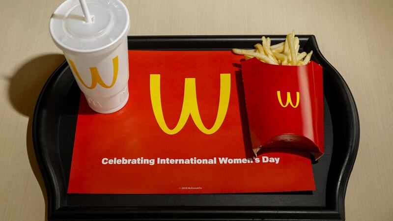 McDonald’s flipped its “M” sign upside down for International Women’s Day. Photograph: Jay L Clendenin/Los Angeles Times via Getty