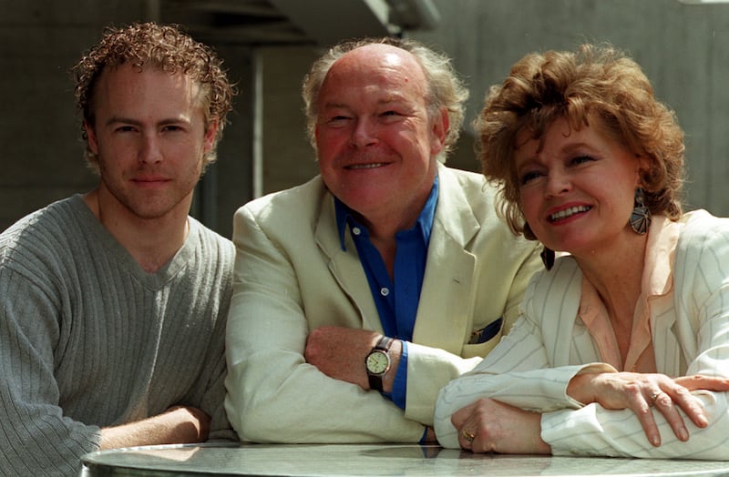 Timothy West with his son Sam West and his wife Prunella Scales. Photograph: Michael Crabtree/PA