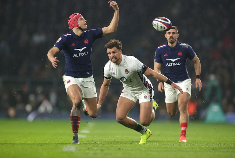 Zut alors! France's Louis Bielle-Biarrey fumbles the ball just short of the try line against England at Twickenham. Photograph:  David Rogers/Getty Images