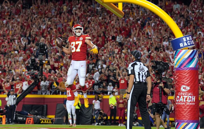 Travis Kelce celebrates after a touchdown against the Las Vegas Chiefs. Photograph: Jason Hanna/Getty Images