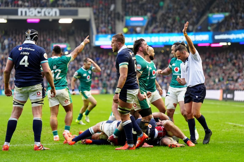 Ireland captain Caelan Doris scores a try. Photograph: Jane Barlow/PA