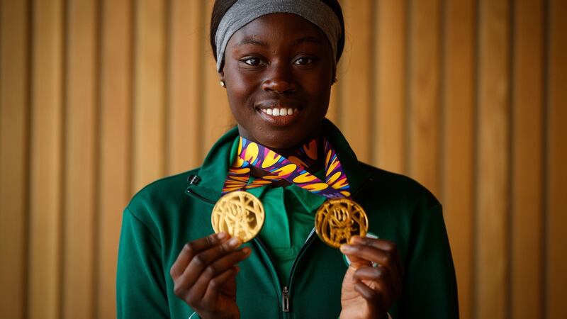 Rhasidat Adeleke shows off the golf medals she won at the European Youth Olympic Games in 2018. Photograph: Oisín Keniry/Inpho