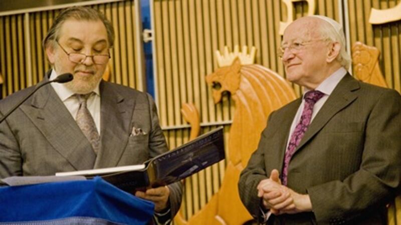 Maurice Cohen, left, who chairs the Jewish Representative Council of Ireland, with Michael D Higgins. File photograph