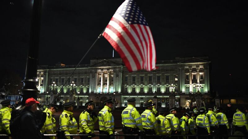 It was like a giant game of hide and seek at Buckingham Palace last night as Boris Johnson avoided Donald Trump and palace flunkeys contrived to keep Jeremy Corbyn away from the US president. Photograph: Alberto Pezzali/AP Photo