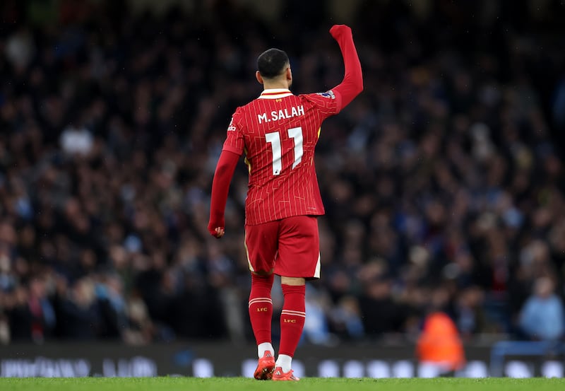 Liverpool's prolific Mohamed Salah celebrates scoring his team's first goal during the game against rivals Manchester City at the Etihad Stadium on Sunday. Photograph: Alex Pantling/Getty Images