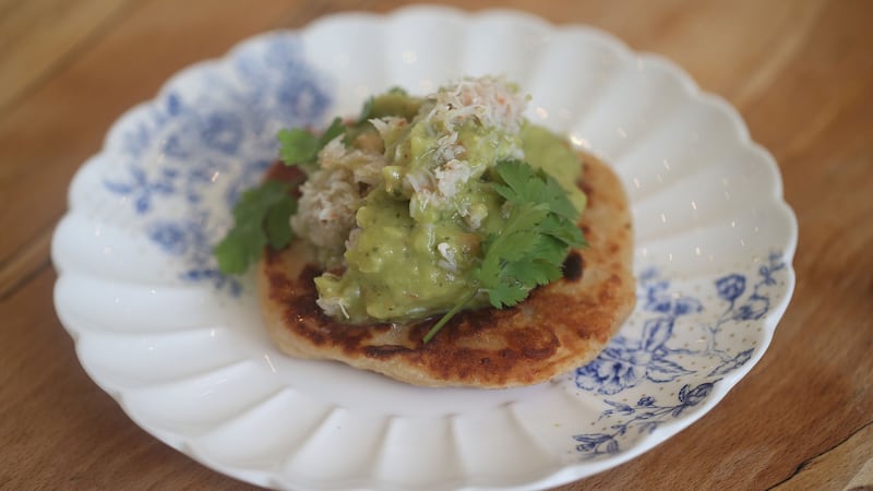 Fluffy crab and avocado flatbreads. Photograph: Nick Bradshaw