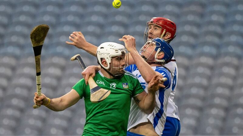 Limerick’s Aaron Gillane battles for possession with Waterford’s Conor Prunty and Tadhg de Burca during the All-Ireland SHC Final at Croke Park. Photograph: Tom Honan