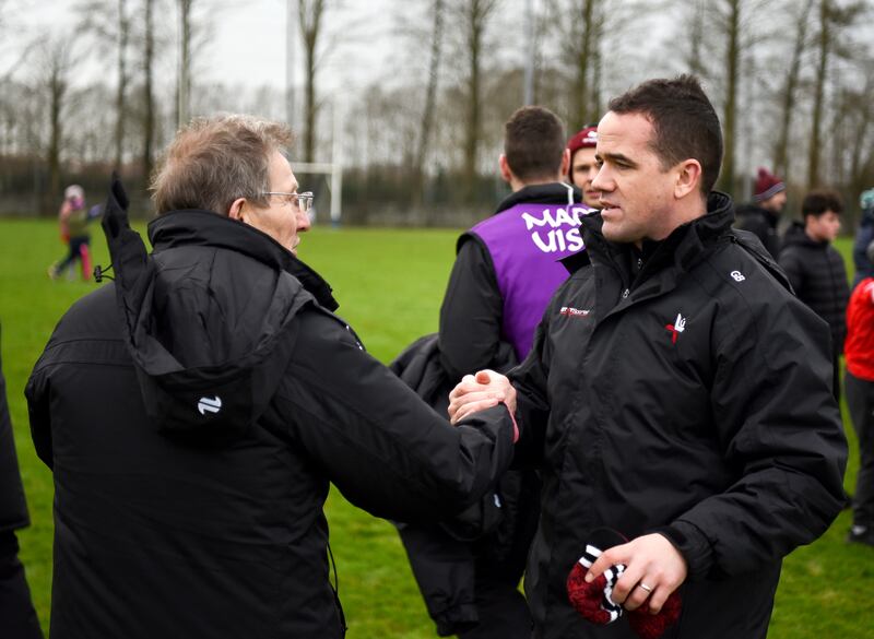 Louth manager Ger Brennan and Niall Moyna in Páirc Mhuire after an Allianz Football League Division game. Photograph: Ciaran Culligan/Inpho