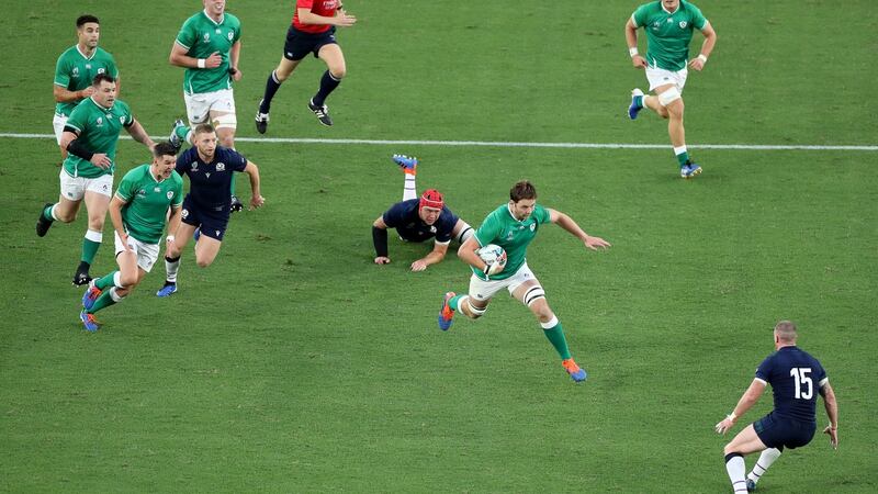 Ireland’s Iain Henderson makes a break during the Rugby World Cup  Group A game against  Scotland at International Stadium  in Yokohama. Photograph: Hannah Peters/Getty Images