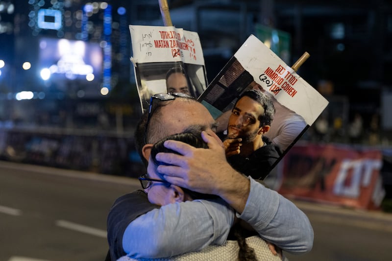 Protesters calling for the return of hostages held in the Gaza Strip reacting after the ceasefire was announced: Photograph: Amir Levy/Getty Images