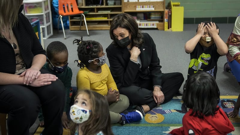 Harris meeting children in New Haven, Connecticut. Photograph: Suzanne Lynch