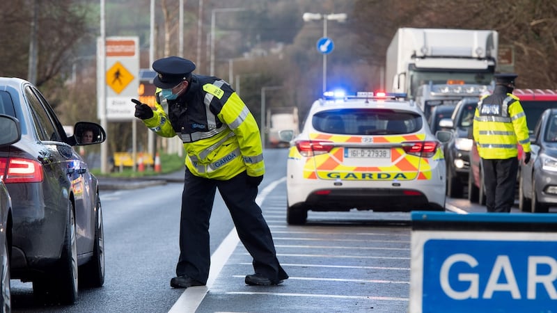 A Garda checkpoint on the approach to the border town of Lifford in Co Donegal. Photograph: Joe Dunne