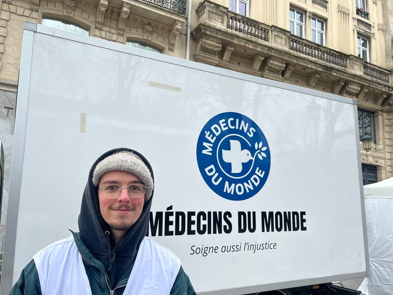 Matthias Bingham from Médecins du Monde, which provides medical care to homeless migrants occupying Gaîté Lyrique theatre in Paris. Photograph: Jack Power