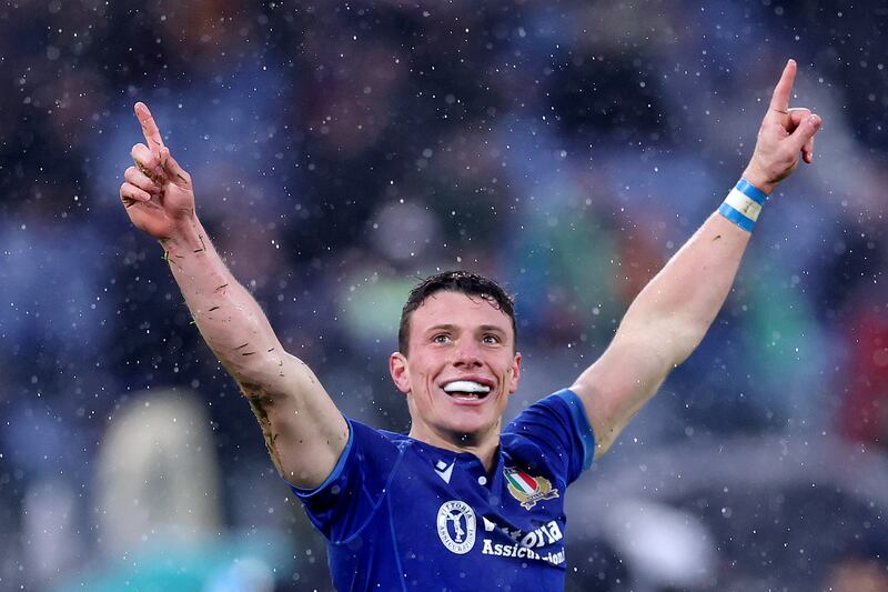 Italy's Paolo Garbisi celebrates after the game. Photograph: Ryan Pierse/Getty Images