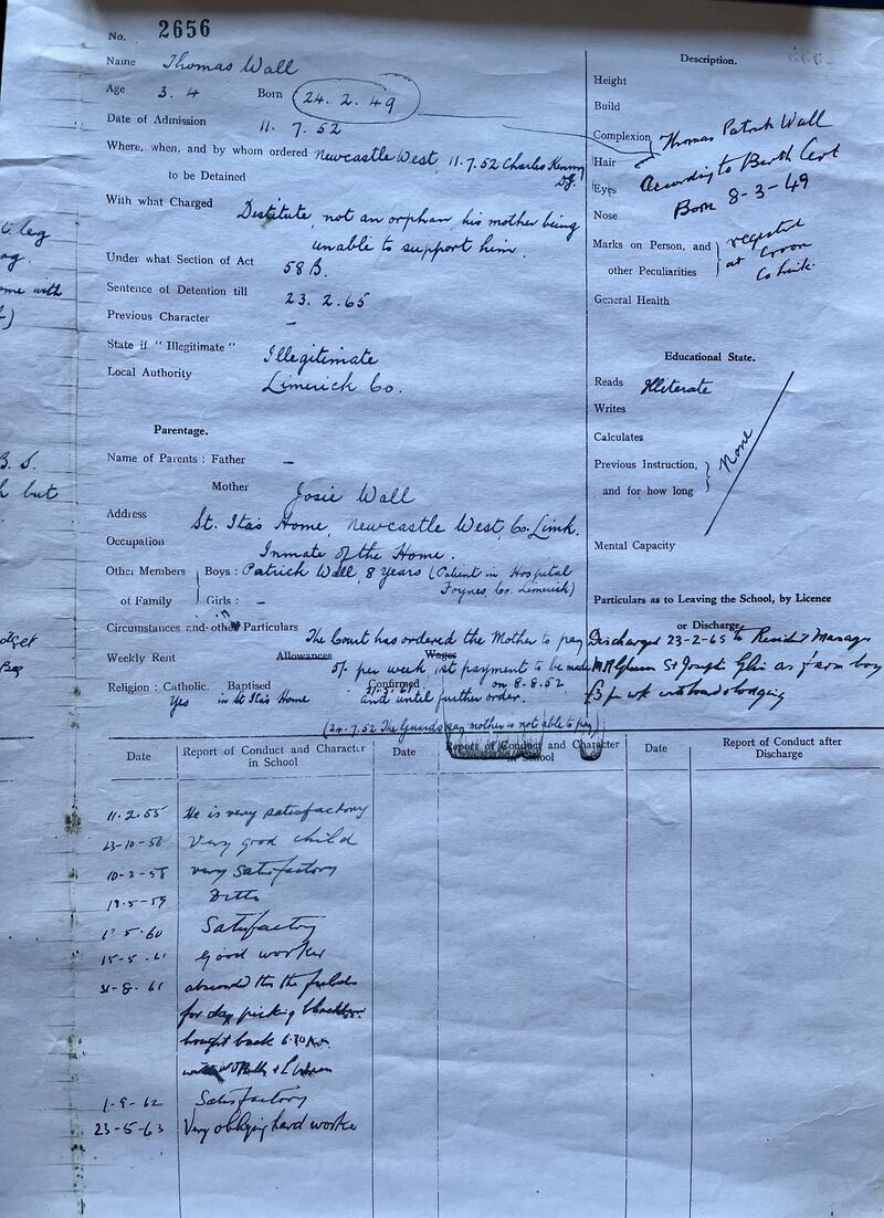 Tom Wall's personal record of admission to and discharge from St Joseph's Industrial School, Glin