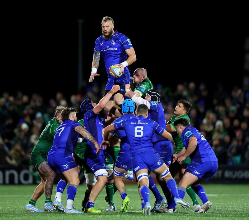 Leinster’s RG Snyman takes the ball at a lineout during the BKT URC game against Connacht at Dexcom Stadium in Galway. Photograph: James Crombie/Inpho
