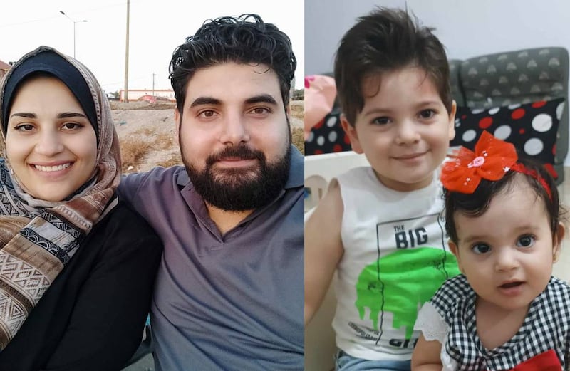 Khalid El-Astal with his late wife, Ashwak Jendia, and their children Ali (4) and Sara (1) who were due to leave Palestine on Thursday