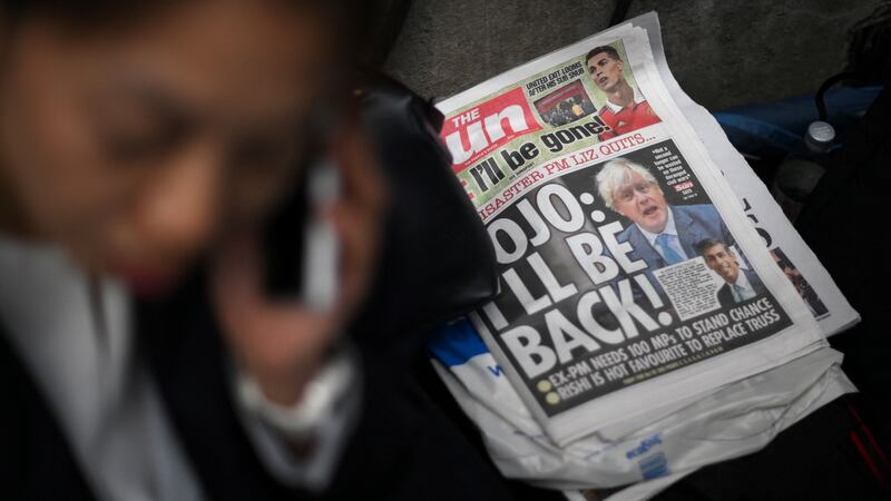 A copy of the Sun newspaper featuring Boris Johnson lies outside 10 Downing Street on October 21st, 2022. Photograph: DANIEL LEAL/AFP via Getty Images