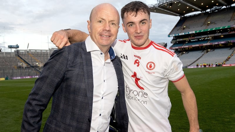 Peter Canavan and his son Darragh Canavan after the All-Ireland football final victory over Mayo in 2021. Photograph: James Crombie/Inpho