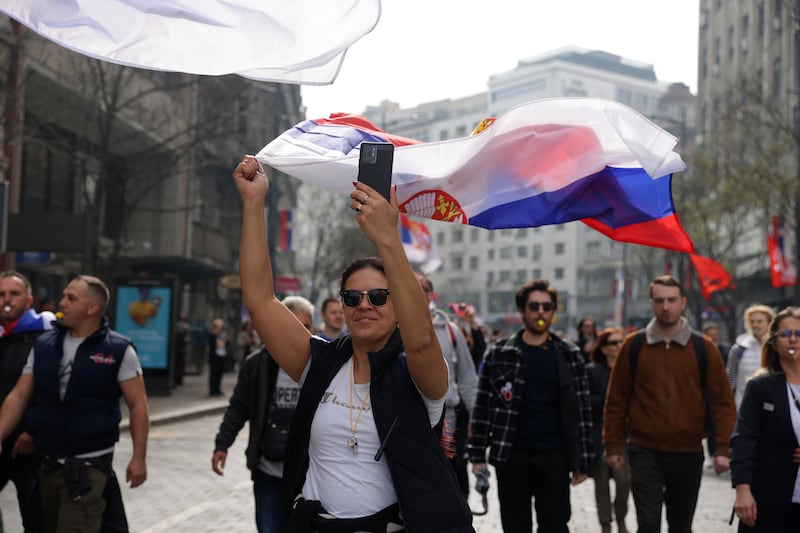 Protesters wave Serbian flags during the student-led rally in Belgrade on Saturday, March 15th. Photograph: Andrej Cukic/EPA