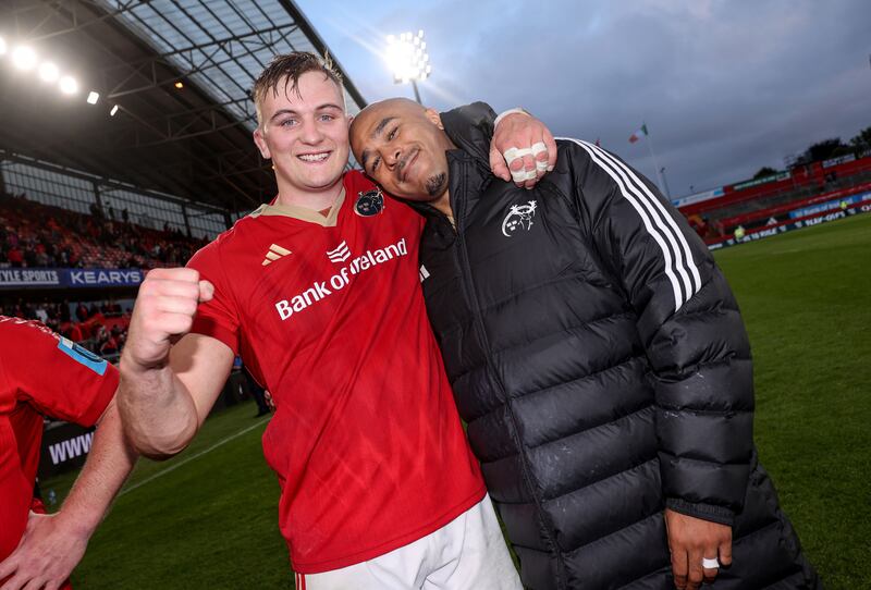 Gavin Coombes and Simon Zebo celebrate winning against Ospreys. Photograph: Dan Sheridan/Inpho