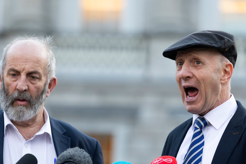 Danny and Michael Healy Rae speak to the media on the Plinth of Leinster House, as they reach a deal to support the new Government, with Michael Confirming a junior Ministerial position in a Department yet to be decided. Photograph: Sam Boal/Collins Photos 