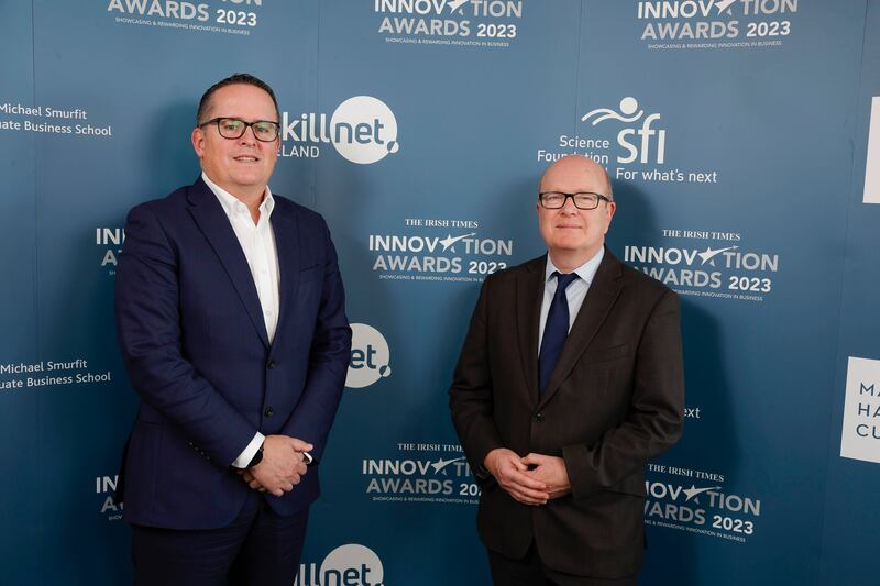 Gerard Quinn and Michael Philips at the final judging day of the The Irish Times Innovation Awards 2023. Photograph: Conor McCabe
