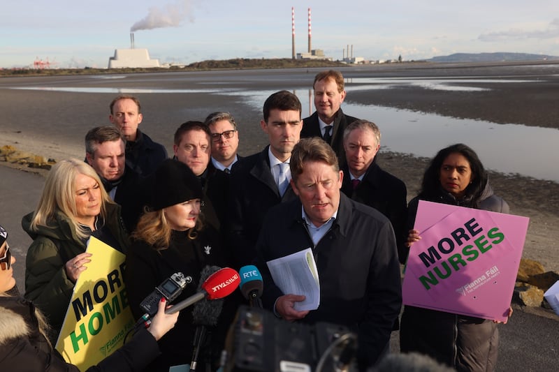 Fianna Fail minister Jack Chambers and Darragh O’Brien, outline their party’s proposals for Dublin, alongside all Dublin general election candidates, at Sandymount Strand. Photograph: Dara Mac Dónaill / The Irish Times
