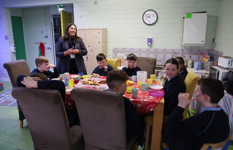  ‘Nurture teacher’ Jane Flanagan with pupils at breakfast club in St Francis Senior National School. Photograph: Bryan O’Brien