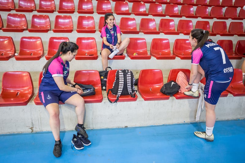 Players of the Diyar Bethlehem women's first team prepare for an indoor friendly against a men's side from the same city in Palestine. Photograph: Giacomo Sini