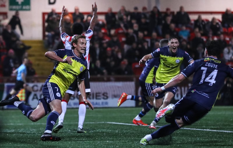 Shelbourne’s Harry Wood celebrates scoring the title-clinching late goal for Shelbourne against Derry City. Photograph: Ben Brady/Inpho