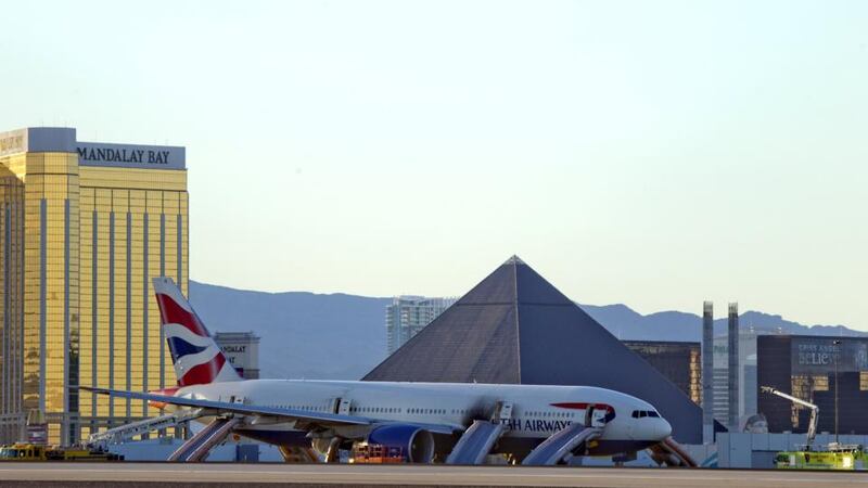 The British Airways jetliner engine caught fire as the airplane was departing on a London-bound flight from Las Vegas. Photograph: Steve Marcus/Reuters